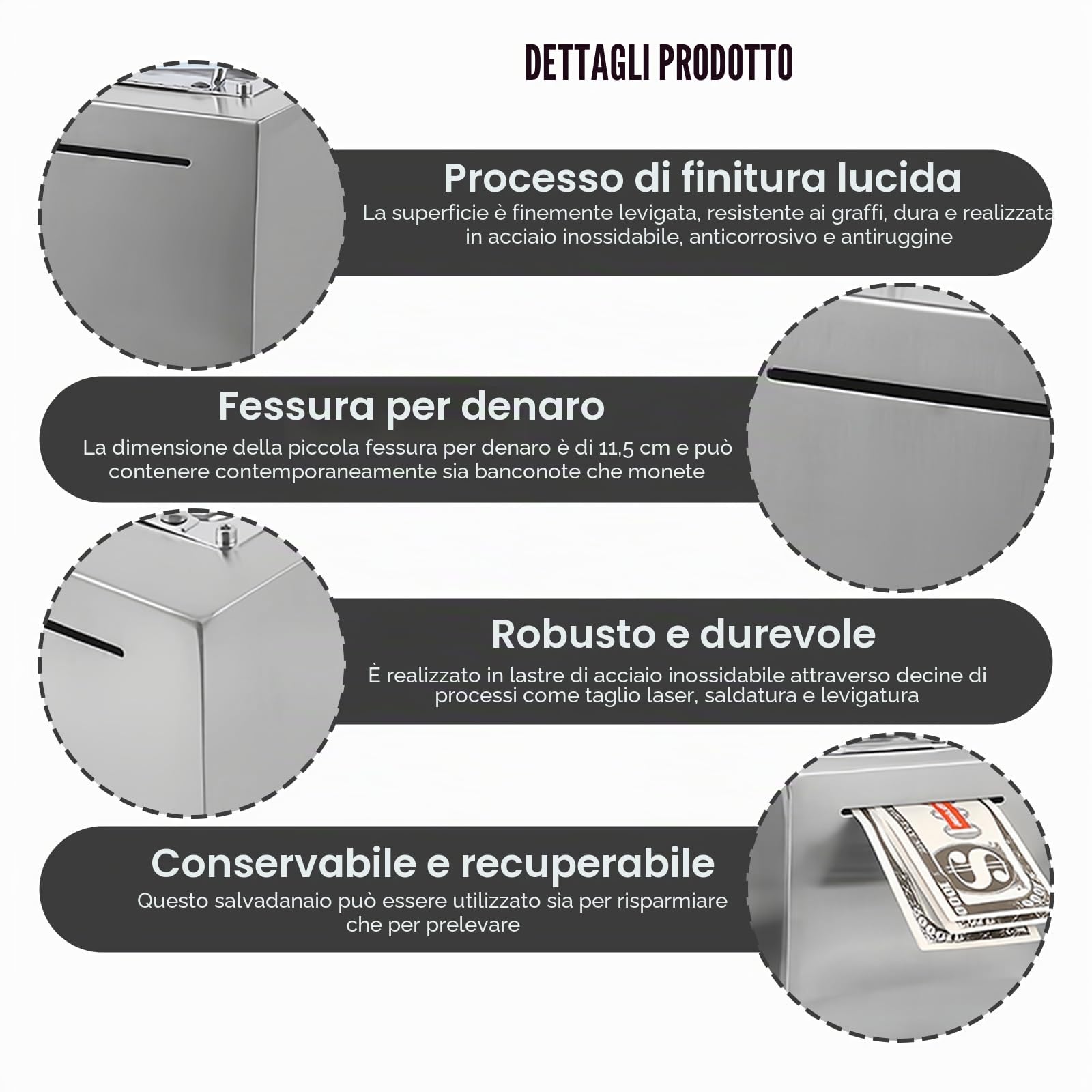Salvadanaio per adulti grande in acciaio inox, metallo con maniglia, fessura per monete, 15 x 15 cm