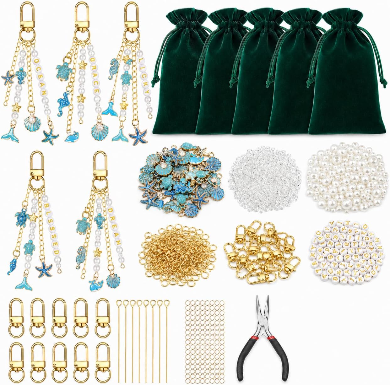 XUHAO7 Ultimate DIY Keychain Craft Kit - 263 Pieces with Tools, Charms - Free 5 Velvet Drawstring Pouches | Make Your Own Keychains, Jewelry & Personalized Gifts (Complete Beginner-Friendly Set)