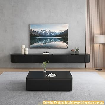 Floating TV Unit with Drawer, Pine Wood Wall Mounted TV Cabinet | Pre-Assembled Floating TV cabinet, Modern Media Wall Unit for Living Room, Space-Saving Floating TV Stand