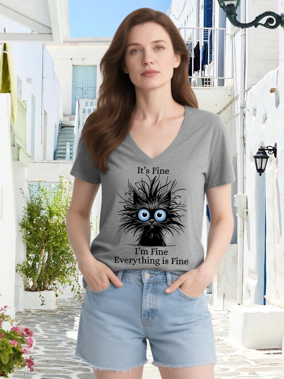 Womens I'm Fine Everything is Fine V Neck T-Shirts Short Sleeve Funny Shirt Casual Cute Cat Graphic Tee Tops - Image 2