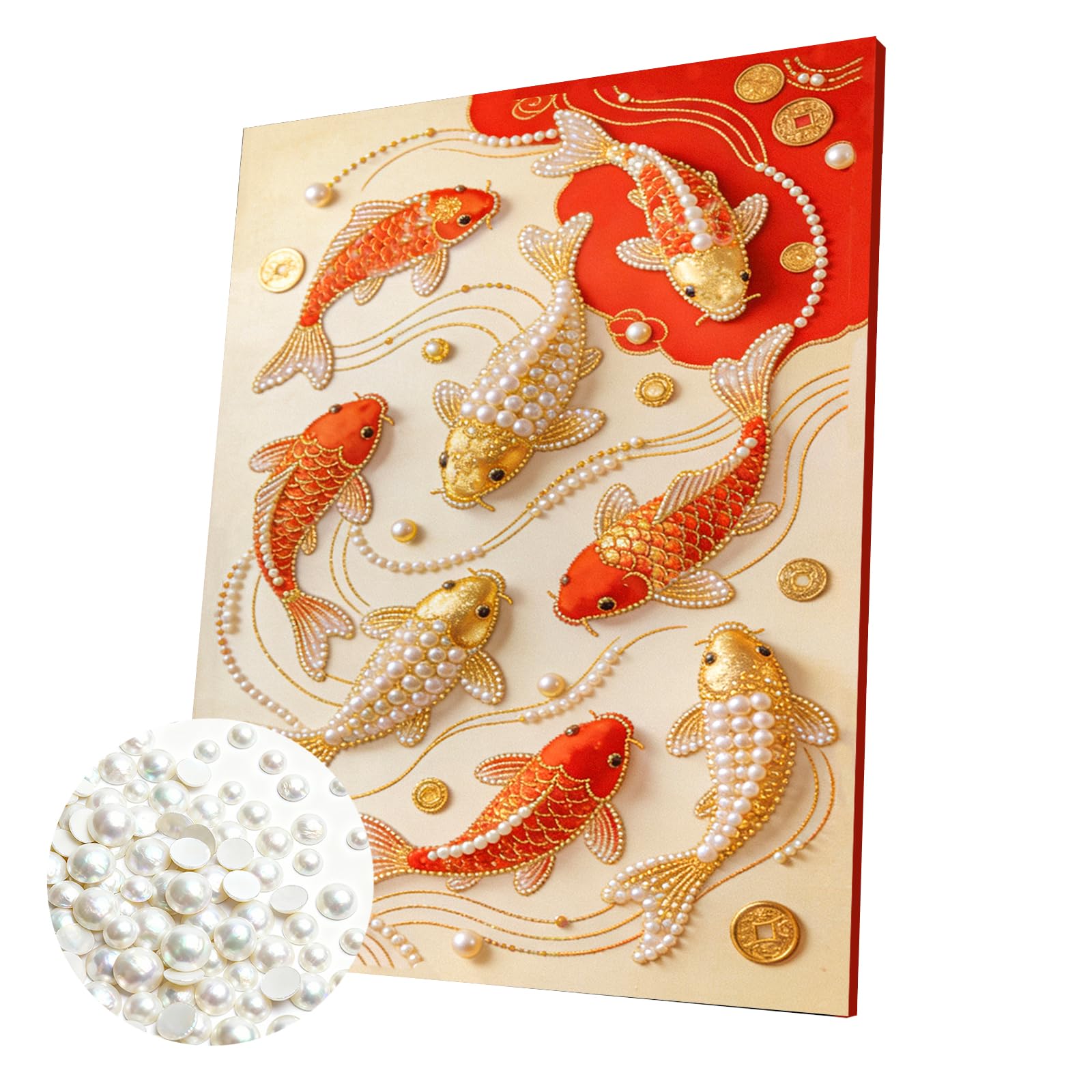 DIY Pearl Painting Kit with Wooden Frame, 3D Plastic Pearl Art Diamond Art Kits for Adults, Ready-to-Hang Home Decor, Gift for Women Beginners(Koi Fish)(40 * 50cm)