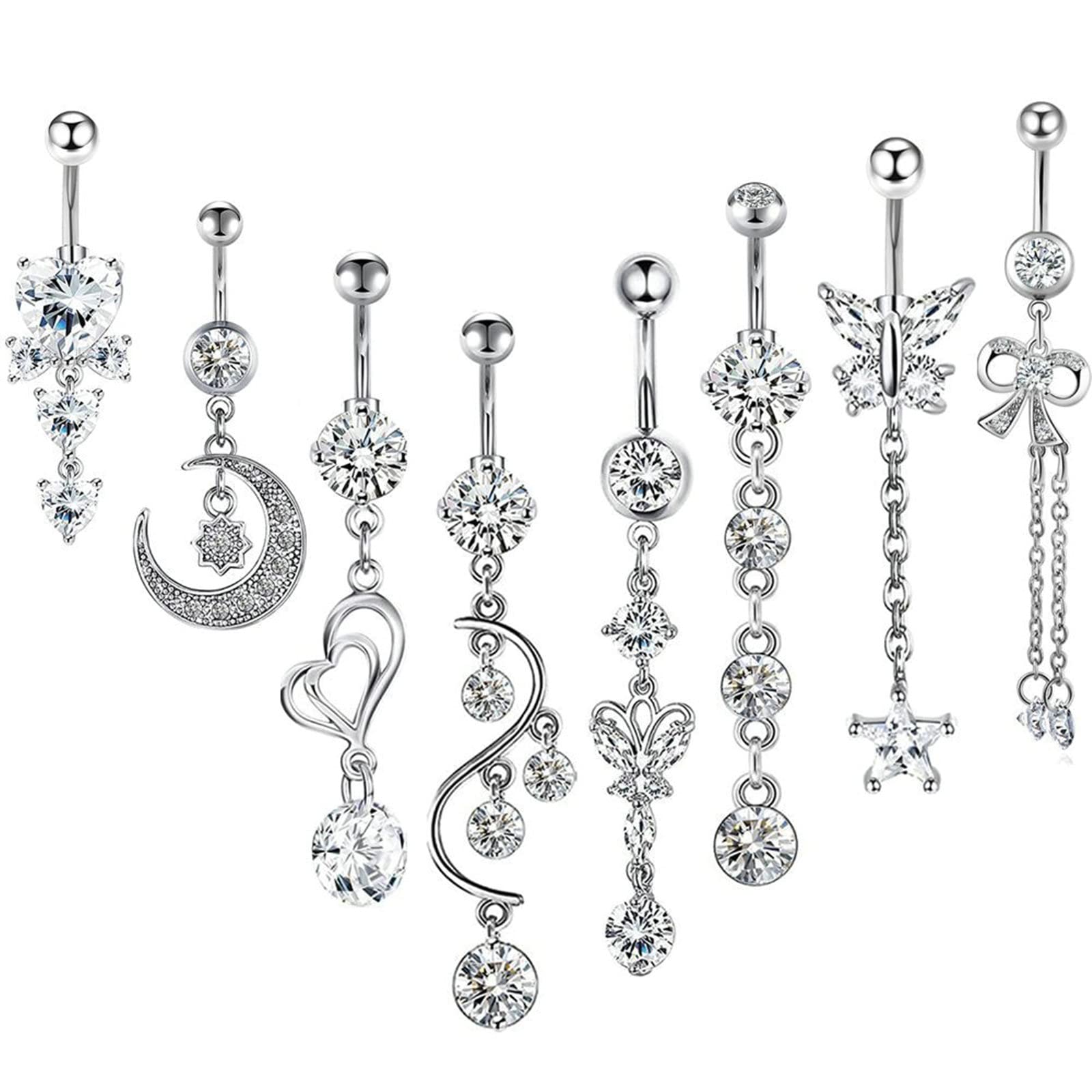 Gualiy 8 Stück Bauchnabelpiercing Schirurgenstahl Schleife Mond Stern Herz Form Zirkonia Nickelfreie Bauchnabelpiercing