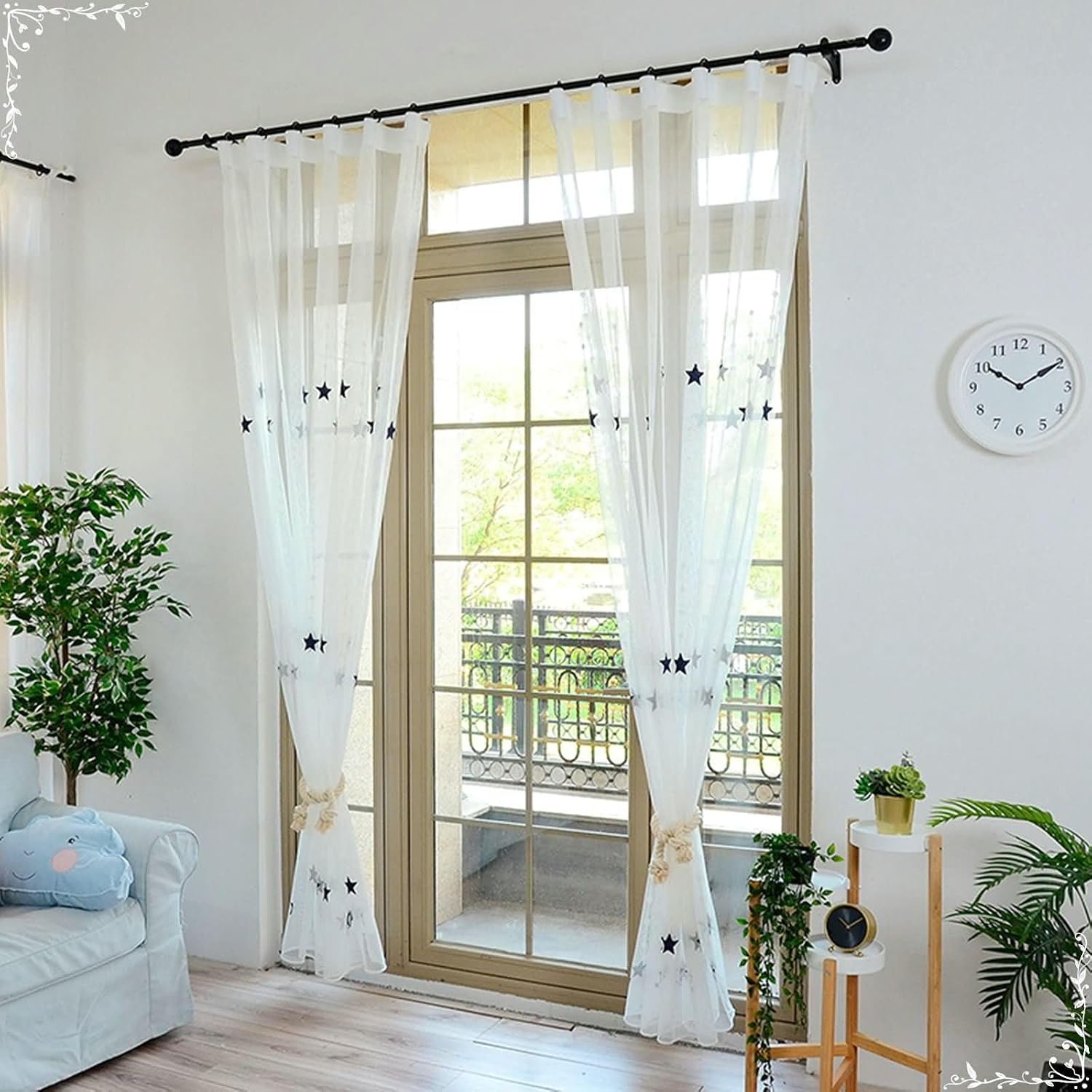 Daesar Transparent Curtains for Bedroom 2 Panels Set 45 Inch Length, Hooks Tulle Curtains Embroidered Stars Pattern Window Voile Panels/Drapes/Treatment for Living Room, 38x45 Inch Blue White