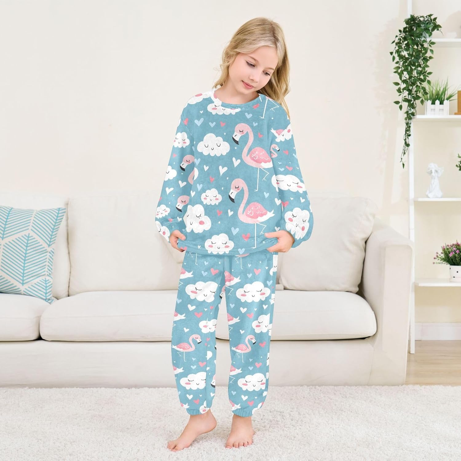 Kids Flannel Sets Flamingo Clouds Warm Plush Relaxed Clothing for Boys and Girls