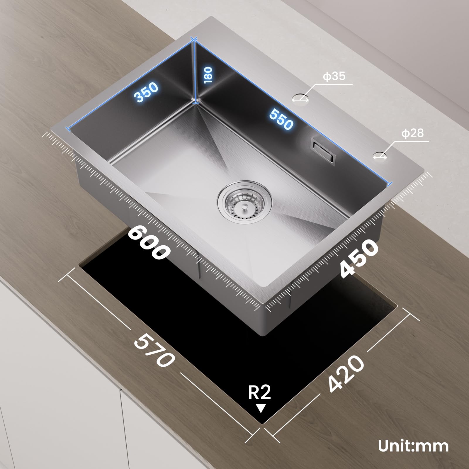 Keukenspoelbak 45x40 roestvrij stalen spoelbak spoelbak met kraan zeepdispenser wastafel keuken antraciet inbouwspoelbak