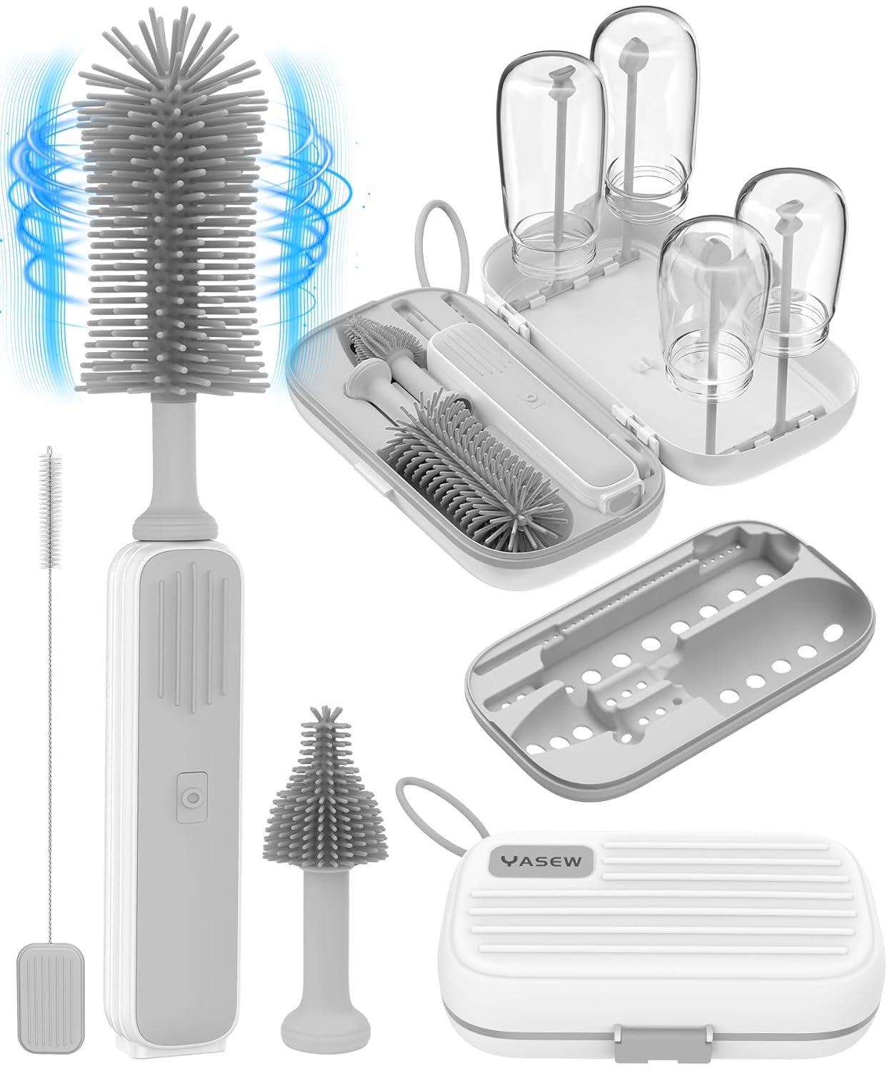 Electric Baby Bottle Brush Cleaner for Travel – BPA-Free Silicone, One-Button 360° Deep Cleaning, 2000mAh Rechargeable, Portable Bottle Cleaning Kit with Storage Box for Home & On-The-Go (Grey)