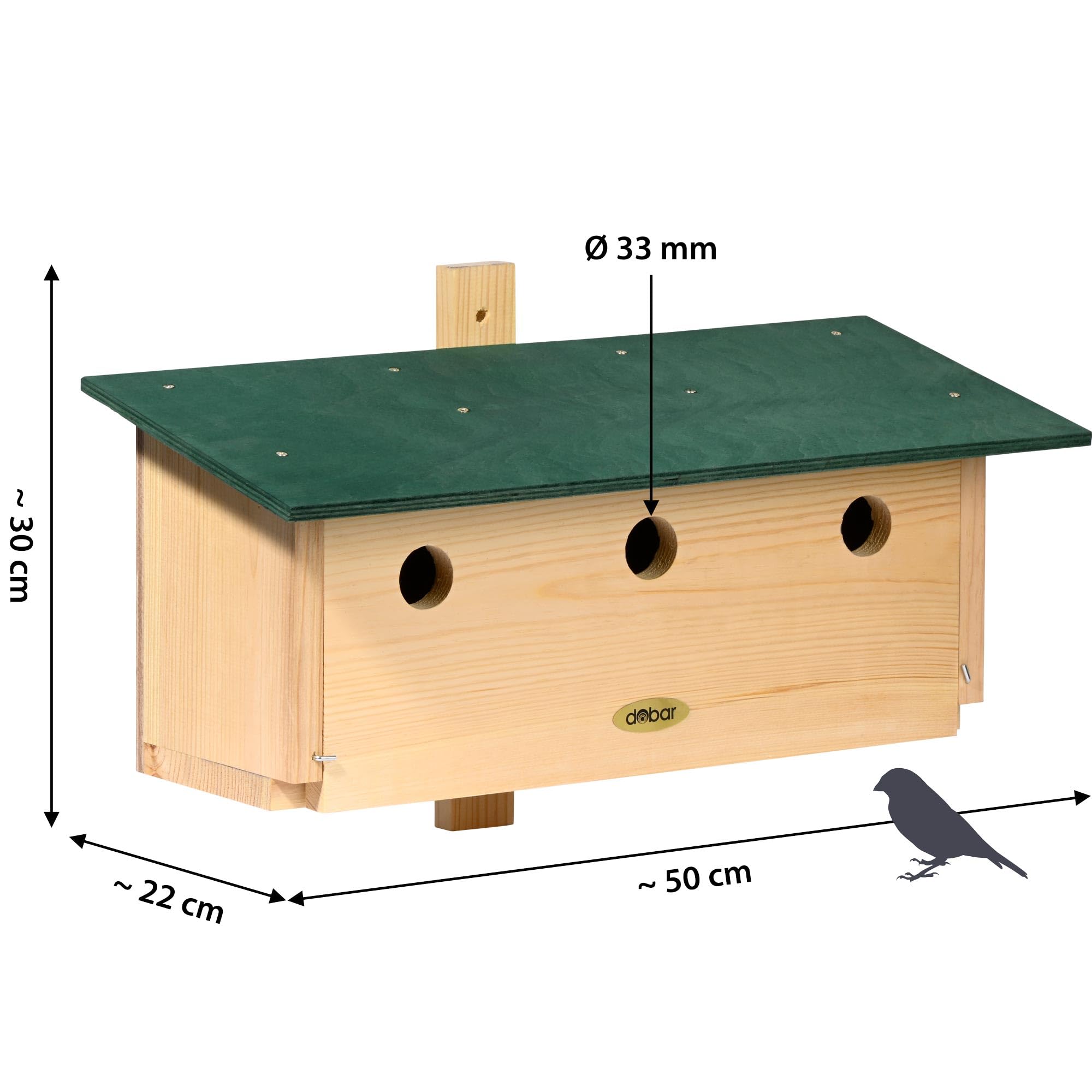 dobar® VOBU specjalna budka lęgowa z drewna na wróble – pomoc w lęgu dla wróbli – 3 w 1 – z klapkami czyszczącymi – sosna – 50 x 22 x 30 cm – zielona