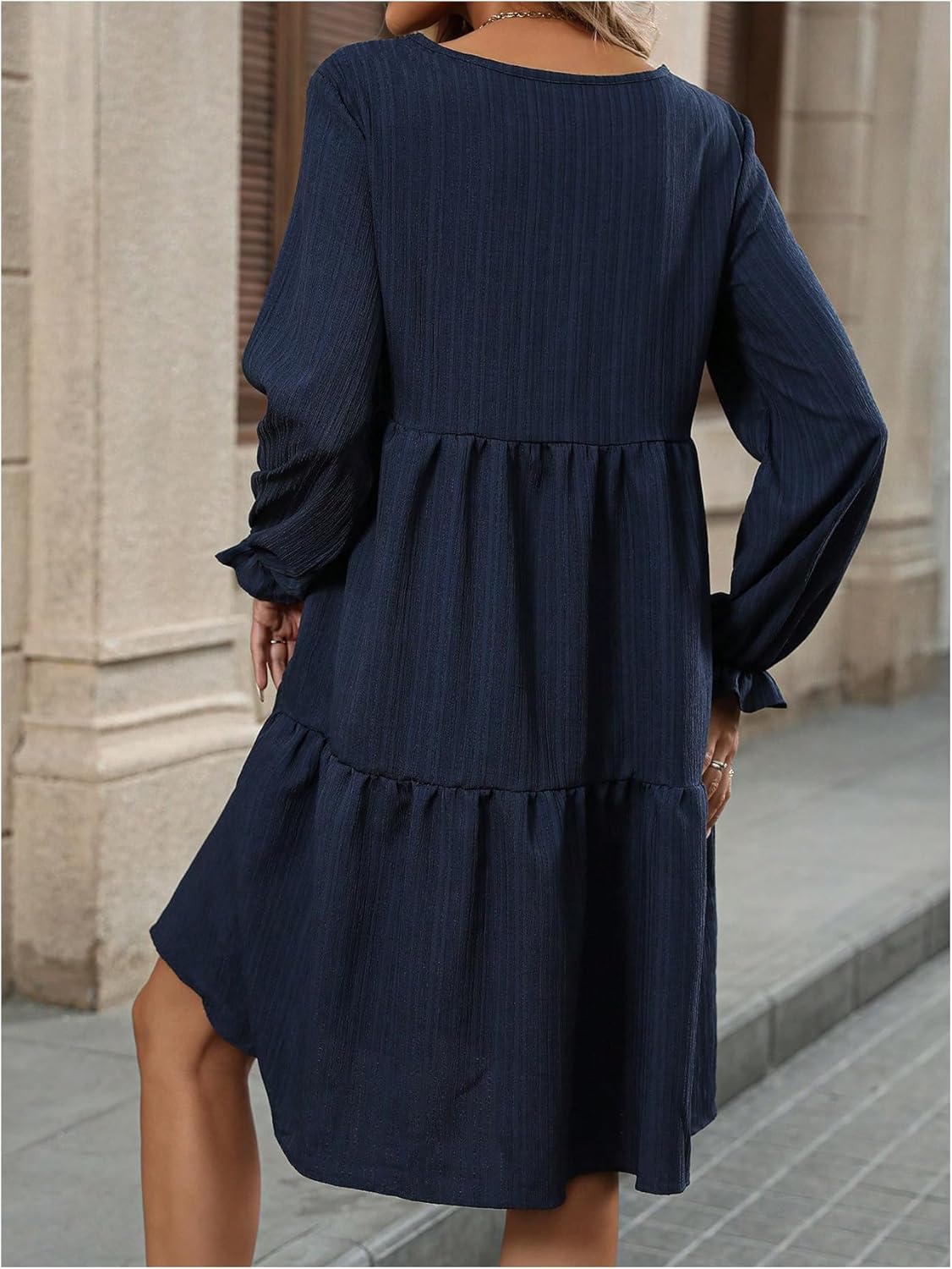 Women's Flowy Tiered Swing Shift Dresses Ruffle Long Sleeve Crew Neck Knee Length Dress - Image 2