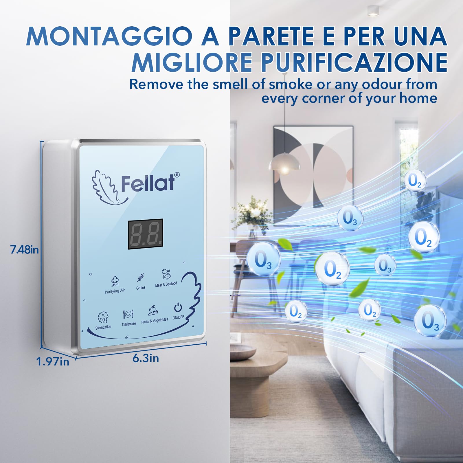 Generatore di Ozono, Purificatore d'Aria Deodorante per 5-30 ㎡, Ozonizzatore Multifunzionale per Acqua e Aria, 6 Modalità per Pulisci Frutta Verdura, Rimuovi l'odore