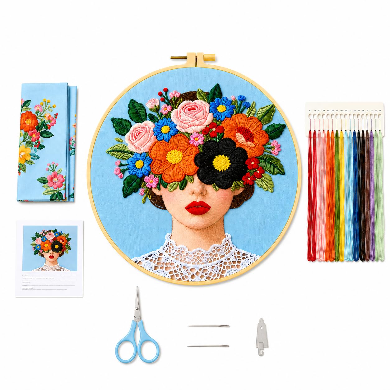 Beginner Embroidery Kit for Adults Floral Woman Pattern Bamboo Hoop Threads