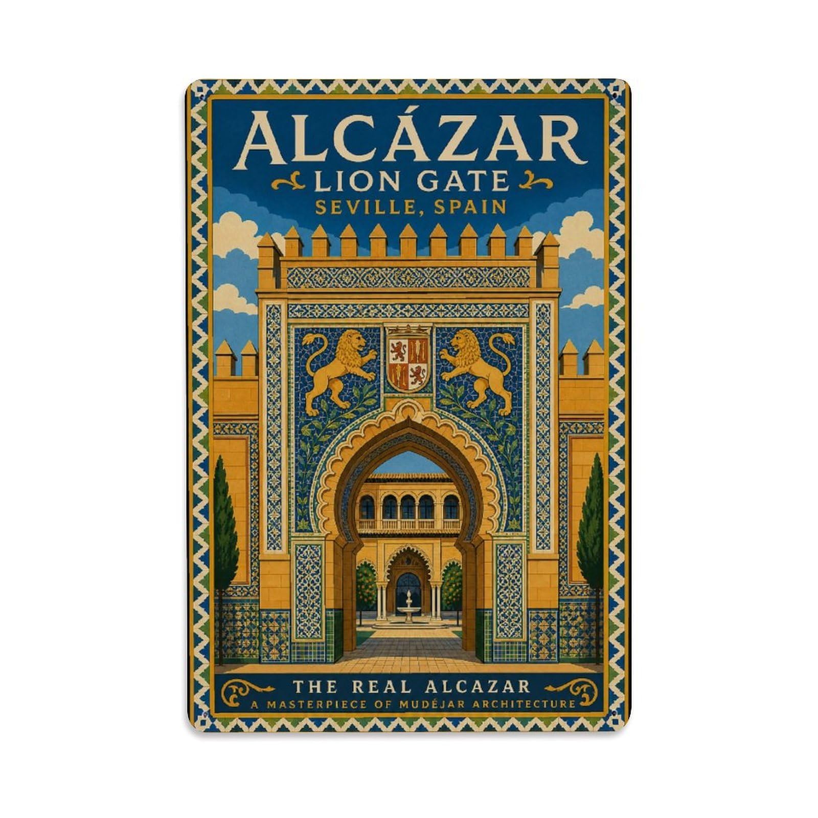 Yrnq 08X12inch Vintage Style Vintage Alcazar Lion Gate Entrance Arches Tiles Spain Metal Tin Sign