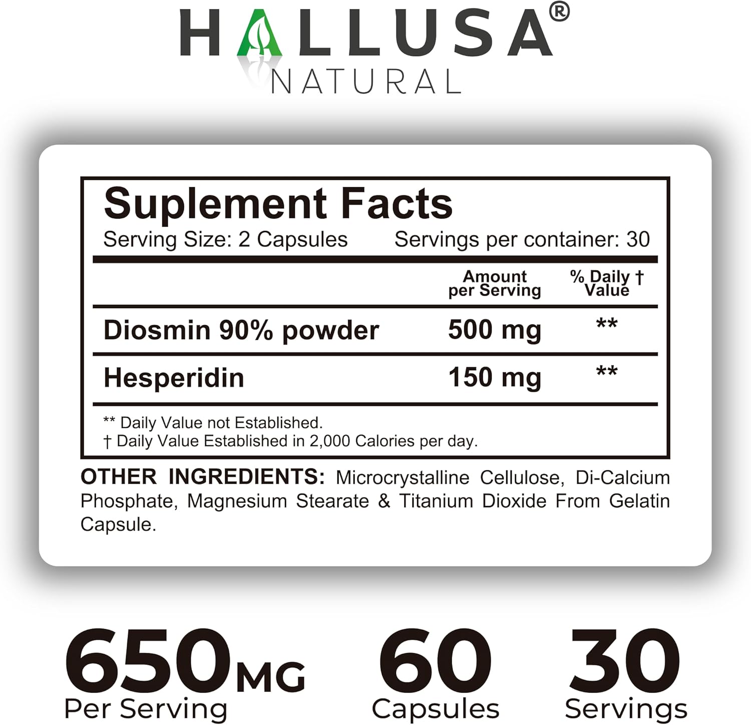 Hallusa Natural Hallosmine Ultra Diosmin 500mg & Hesperidin 150mg – Heavy Legs, Swelling & Vein - Blood Circulation Supplements, 60 Caps - Image 4