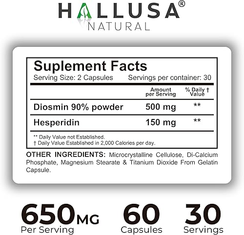Miniatura 9 de Hallusa Natural Hallosmine Ultra Diosmin 500mg y Hesperidina 150mg  Piernas pesadas, hinchazón y vena  Suplementos para la circulación sanguínea, 60