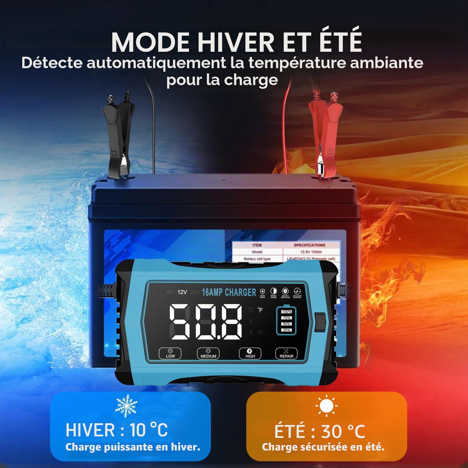 Haisito Chargeur de voiture 16 A, 12 V, 16 A, 24 V, 10 A, batterie au lithium LiFePO4, chargeur au plomb acide (AGM, SLA etc.) avec fonction de charge à 10 niveaux, écran LCD pour voiture
