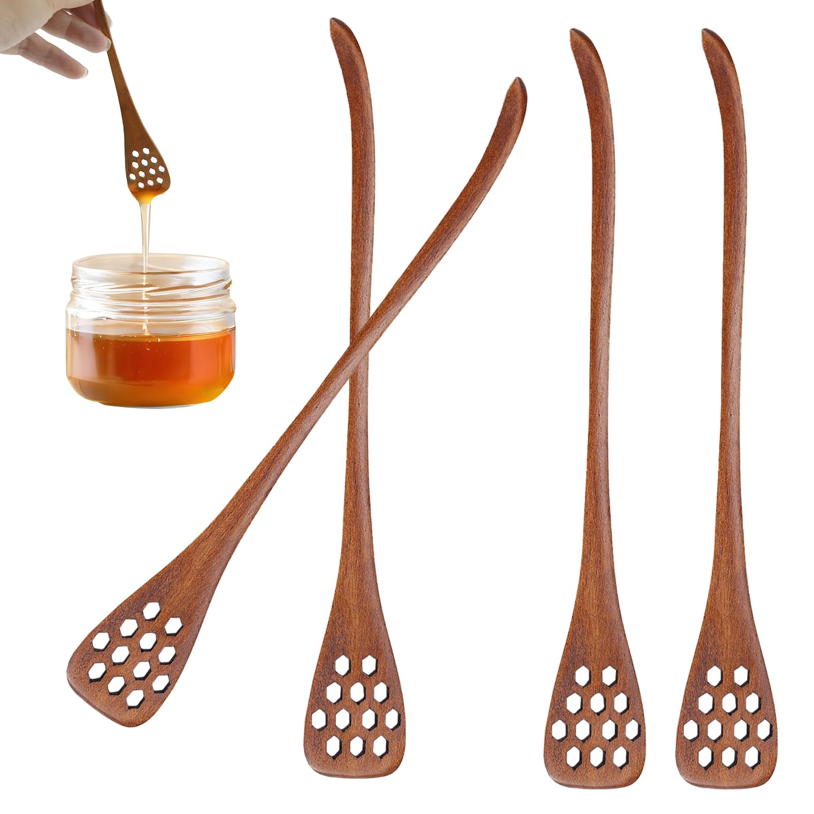 4PCS Wooden Honey Dipper Sticks - Natural Honey Drizzler Stirrer for Tea, Coffee, Syrup (7.3