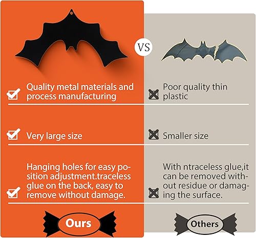 Miniatura 3 de BVLFOOK Decoración de pared de murciélagos, 3 piezas de murciélagos de metal, decoración de Halloween, calcomanías colgantes para decoración del