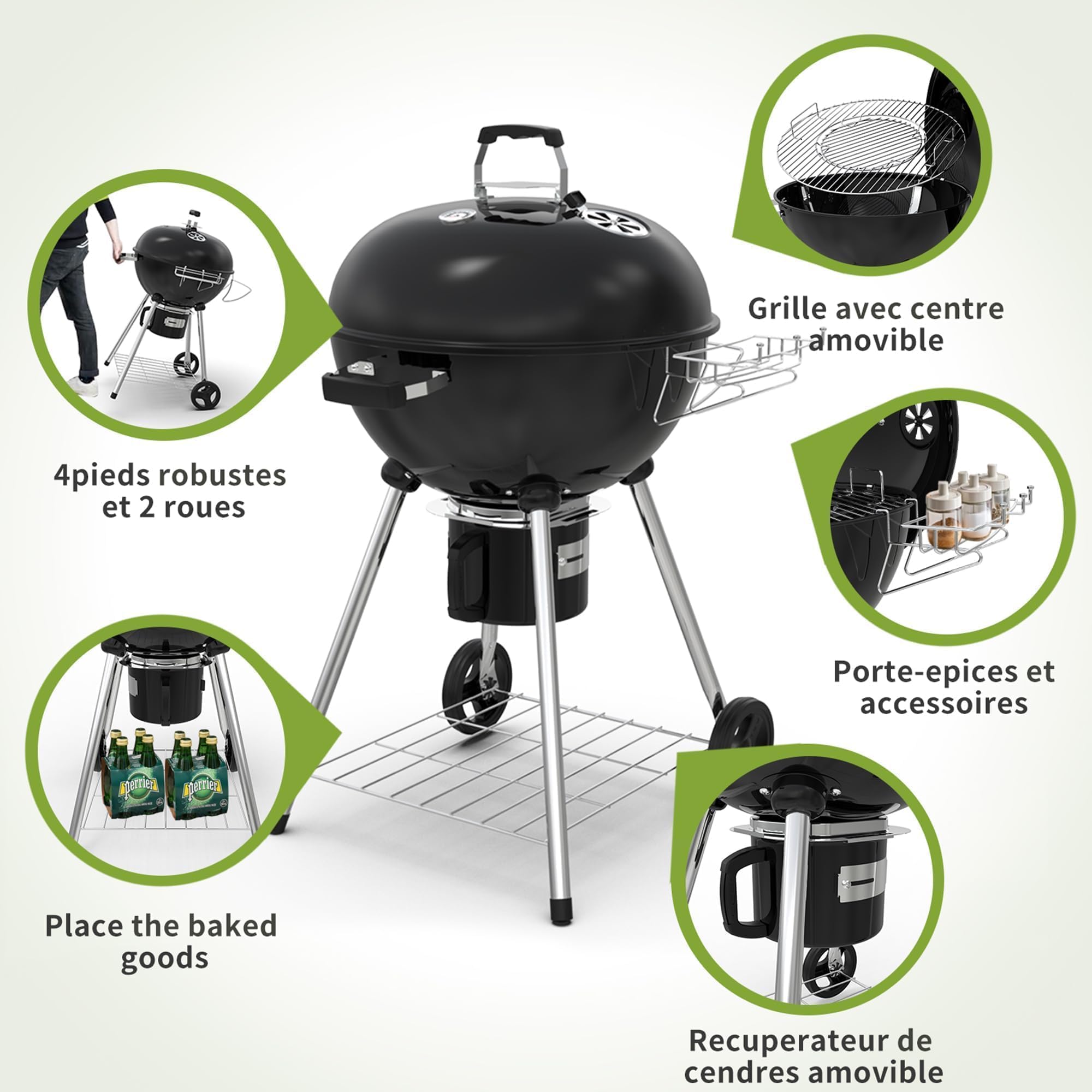 TEENO Barbecue Charbon de Bois 21 Inch Compact Kettle Round XXXL Grande Taille Ronde Portable Amovible Convient à 10-20 Personnes 105.5x71x83cm