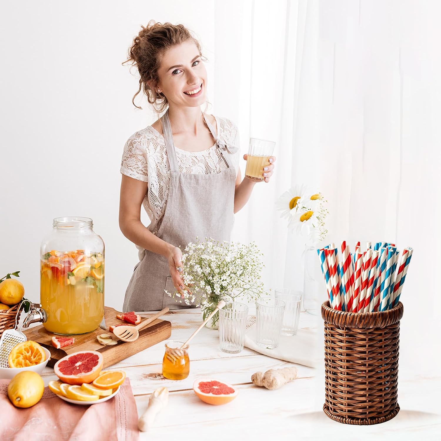 Rattan Woven Straw Dispenser, Countertop Straw Holder Organizer