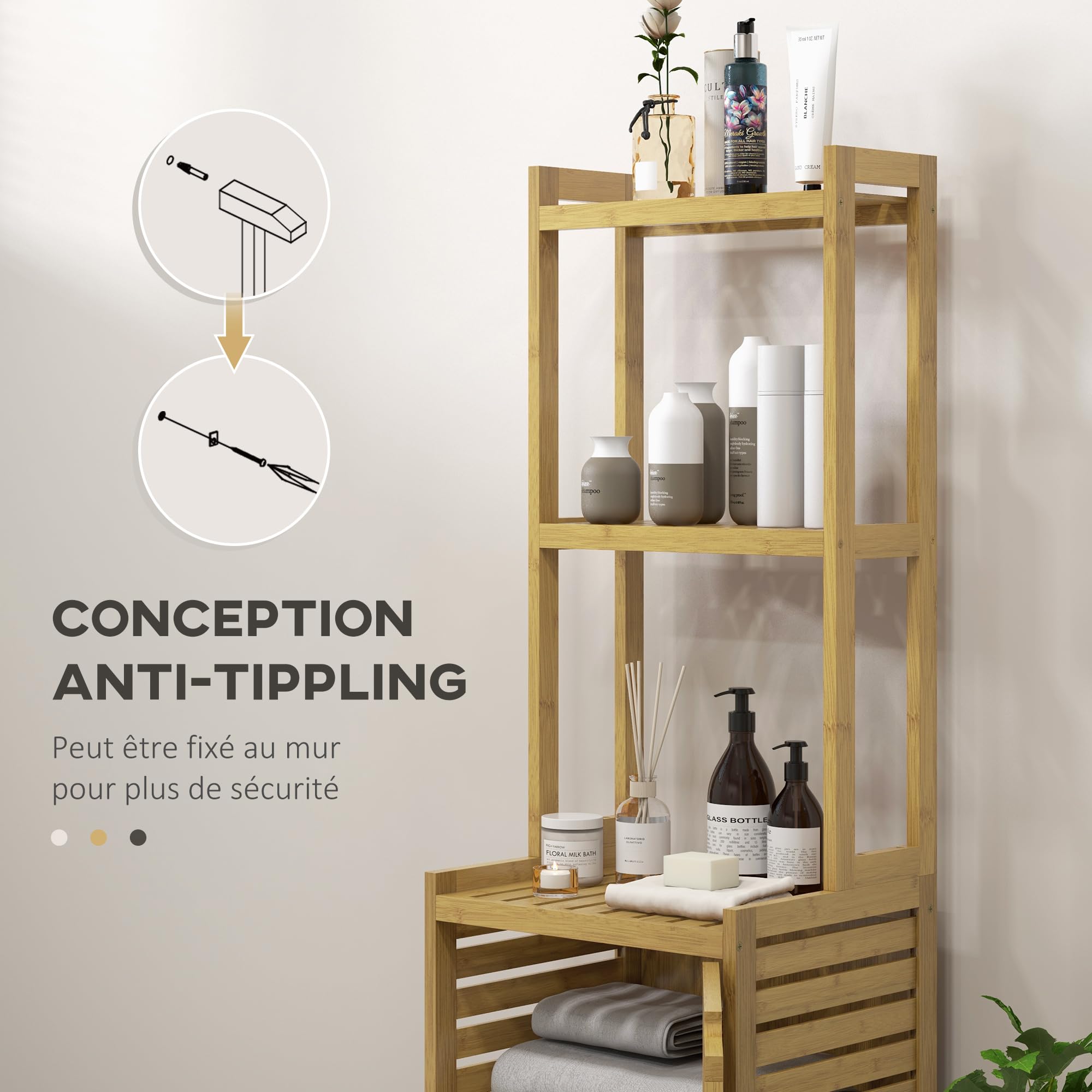 HOMCOM Meuble Colonne Salle de Bain en Bambou 38,5 x 33 x 170 cm Naturel | Armoire Haute, 3 Étagères, Placard 1 Porte, Meuble de Rangement sur Pied