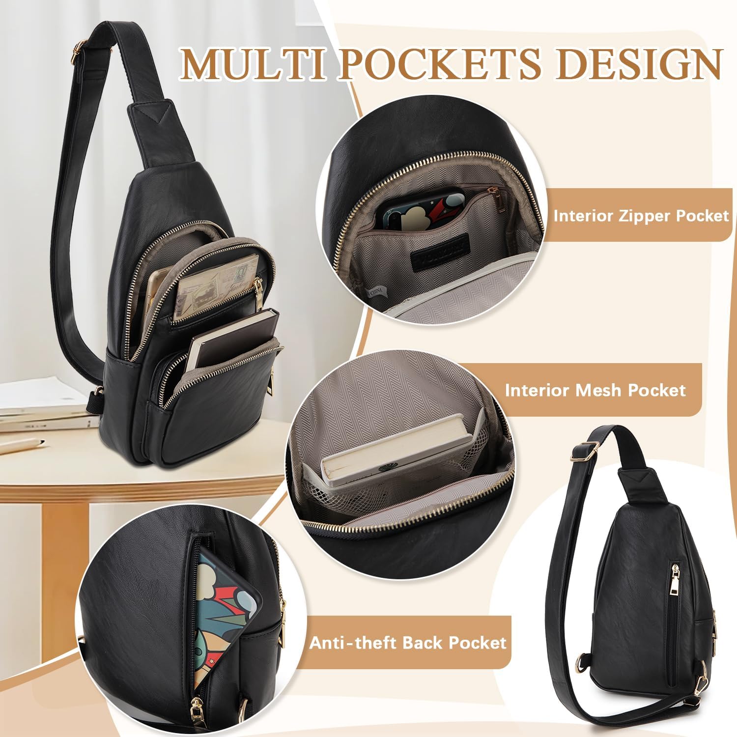 VX VONXURY Sling Bag for Women,PU Leather Crossbody Fanny Packs, Multipurpose Chest Bag with Adjustable Strap - Image 6