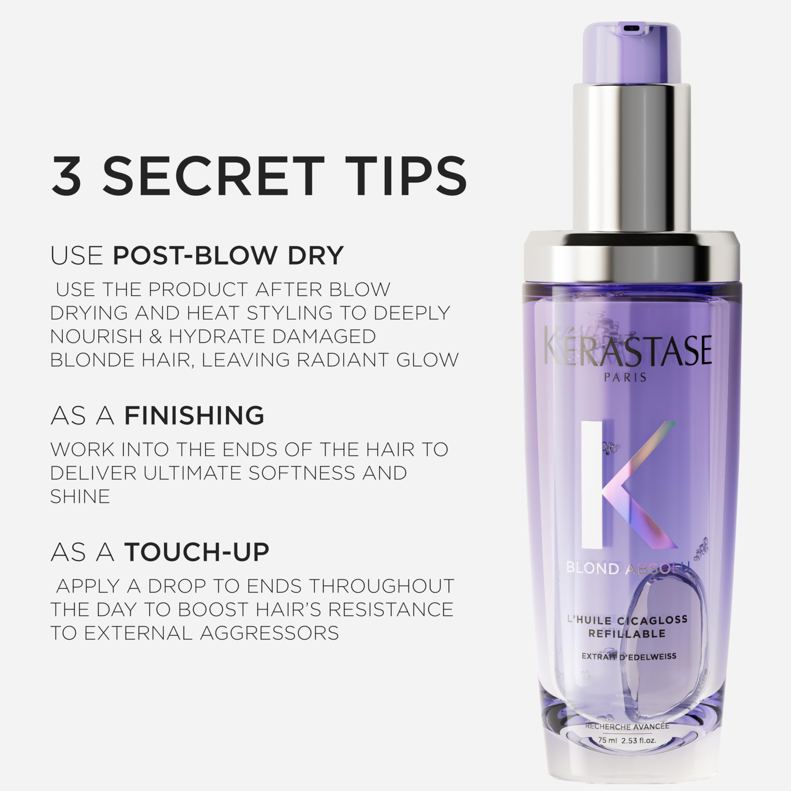 Kérastase Blond Absolu l’Huile Cicagloss, Stärkendes Pflege-Öl für blondes oder blondiertes Haar, Reparierende und stabilisierende Haarpflege mit Hitzeschutz, Nachfüllpackung, 75 ml