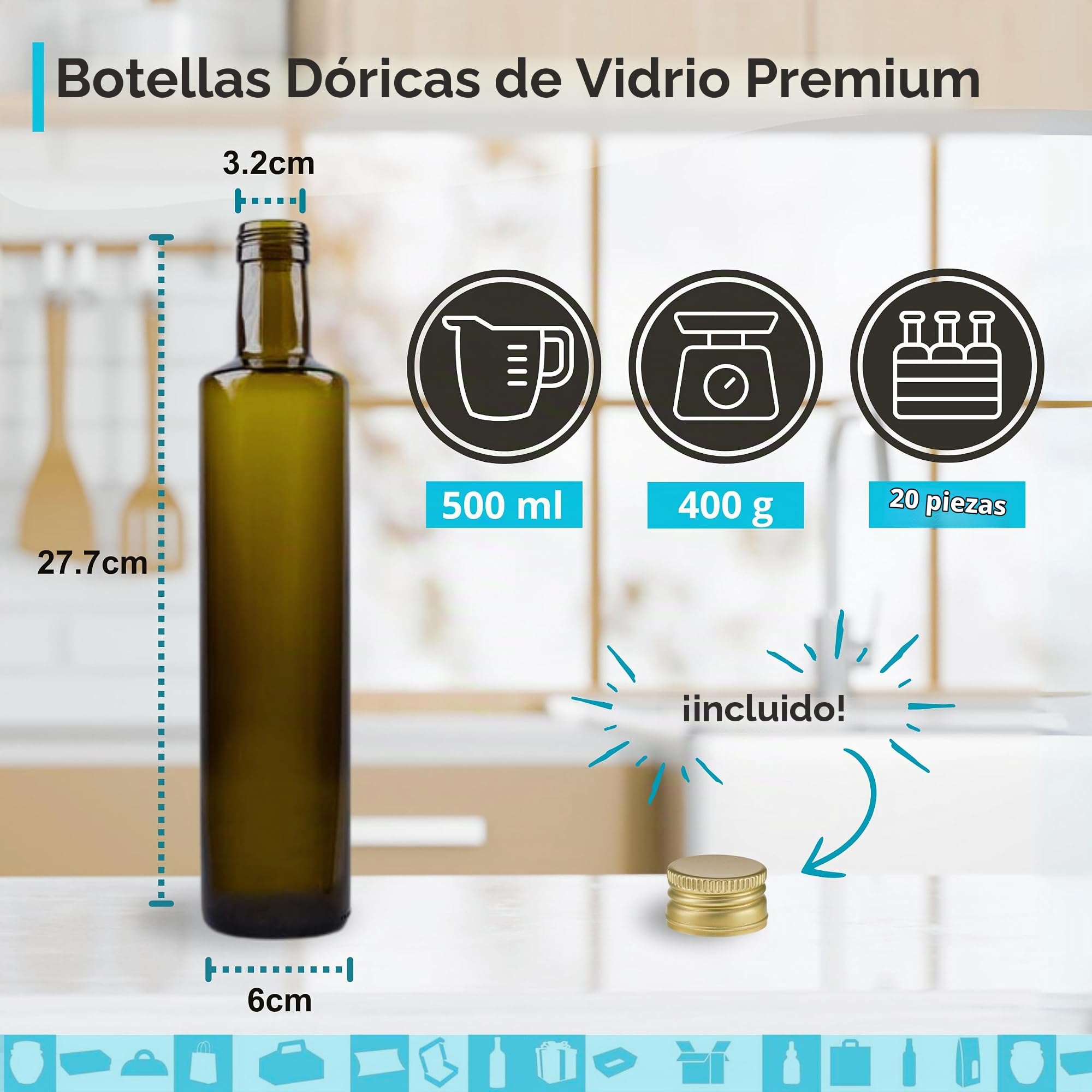 Espirito Rebelde Pack 20 Botellas de Cristal Oscuro 500 ml Línea Lotus con Tapas Metálicas – Aceite, Vinagre, Licores y Zumos | Botella Reutilizable