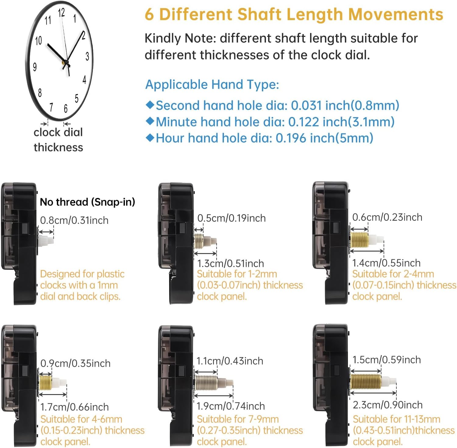 12888 Sweep Silent Clock Movement Mechanism with 4 Sets Hands for Clock DIY/Repair, 13mm (1/2 Inch) Shaft Length 5mm(3/16 Inch) Thread Length
