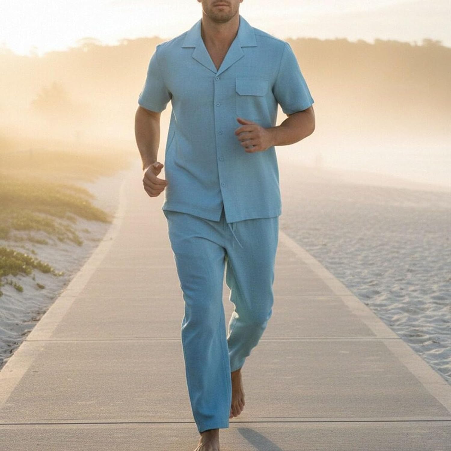 Men's Vacation 2 Piece Outfit Short Sleeve Button Down Pants Set | Lightweight Beach Shirt Casual Pant 2 Piece Set for Men, Hawaiian Outfit Breathable Loose Tracksuit Stylish Clothes