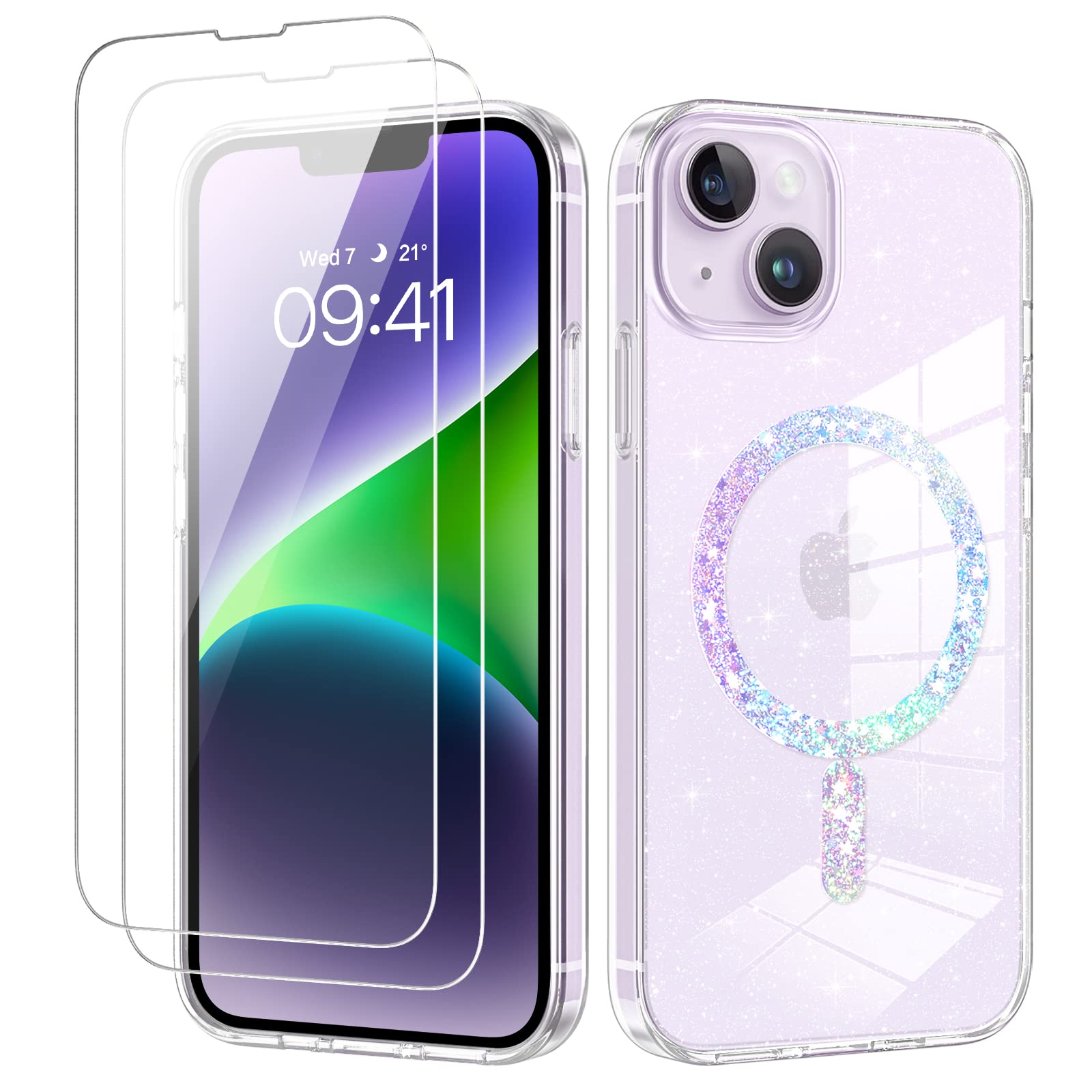 DOMAVERiPhone iPhone 13/14 6.1'' Case with【2 Screen Protectors】 Compatible with MagSafe Glitter Bling Silicone Anti-Yellowing Case, Shockproof Protective Phone Case for iPhone Case Clear