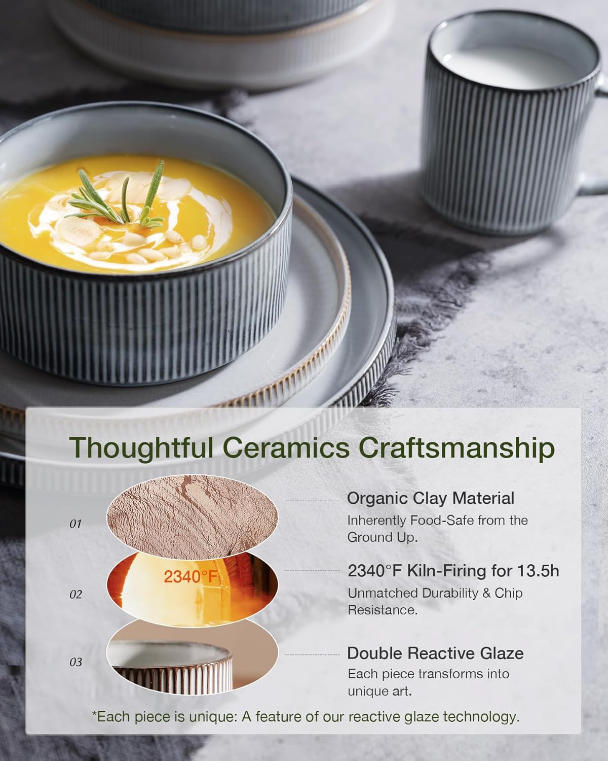 famiware Star Dinnerware Set, Plates and Bowls Sets for 4 (12pcs), Ribbed Stoneware Dishes - Chip & Scratch Resistant, Microwave & Dishwasher Safe, Multicolor - Cappuccino White & Smoky Blue - Image 5