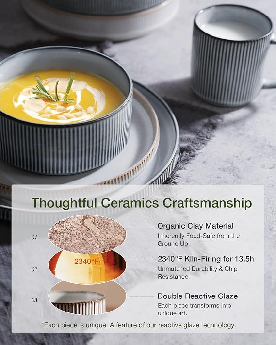 Famiware Star Stoneware Dinnerware Sets for 8, Reactive Glaze Plates, Bowls