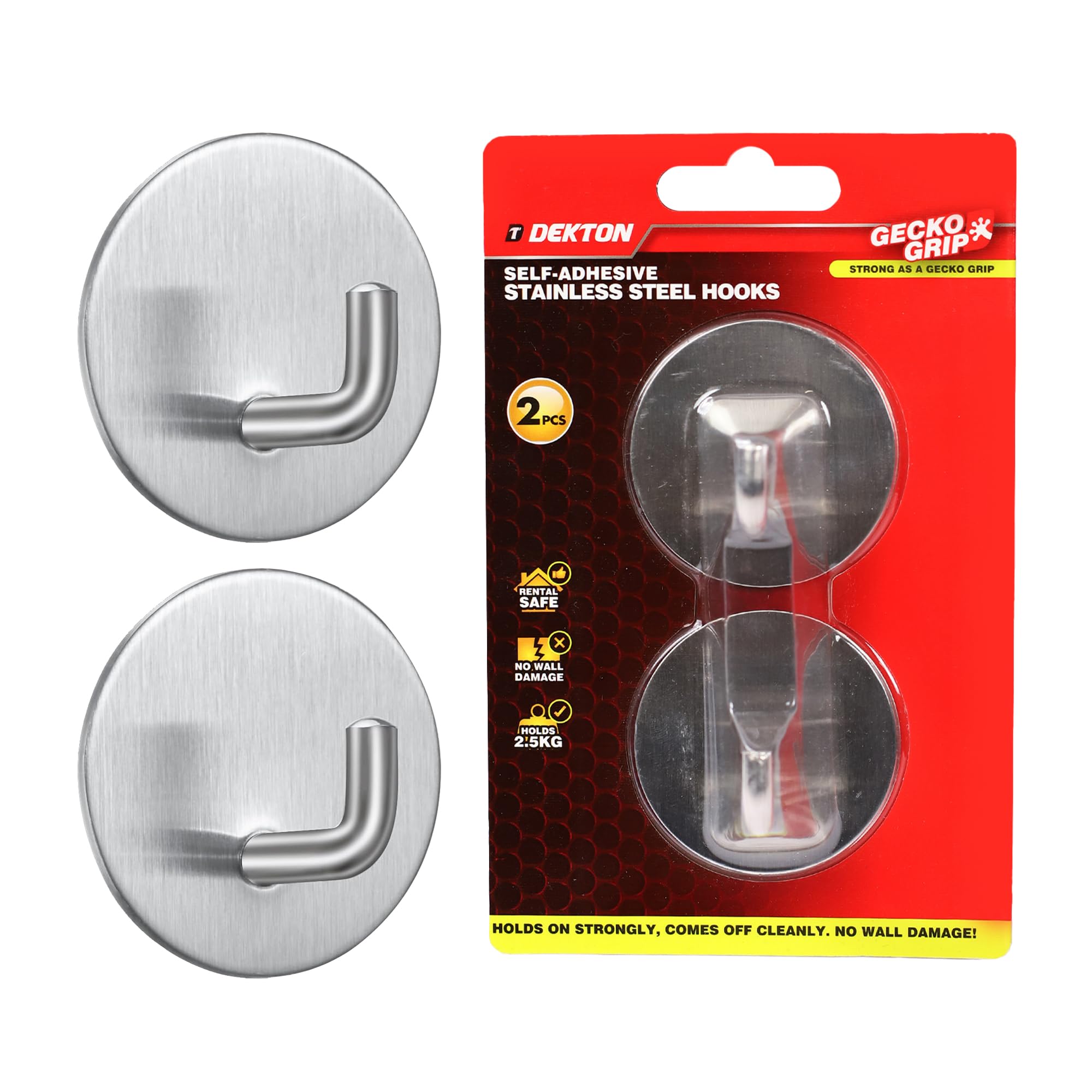 Dekton Silver Geckogrip Stainless Steel Hooks 2Pc Round – Heavy Duty Adhesive Wall Hooks, Durable And Rental Safe, Holds Up To 2.5Kg – Ideal For Kitchen, Bathroom & Household Storage