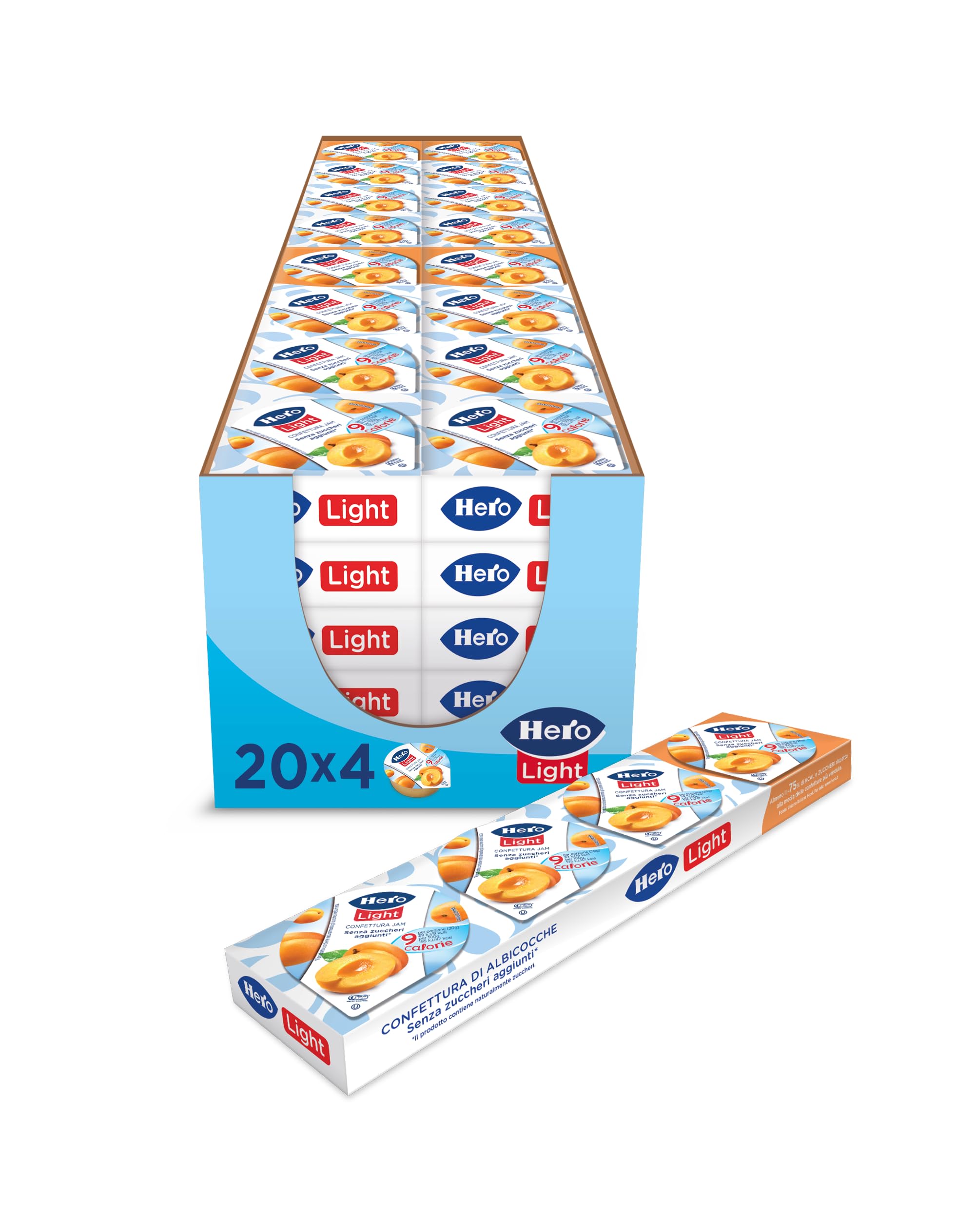 Hero Light Poker Confettura di Albicocche Light, 20 Confezioni da 80g (4 monodosi x 20g), Marmellata Extra, Frutta di Alta Qualità, Senza Conservanti e Senza Coloranti, Pochissime Calorie