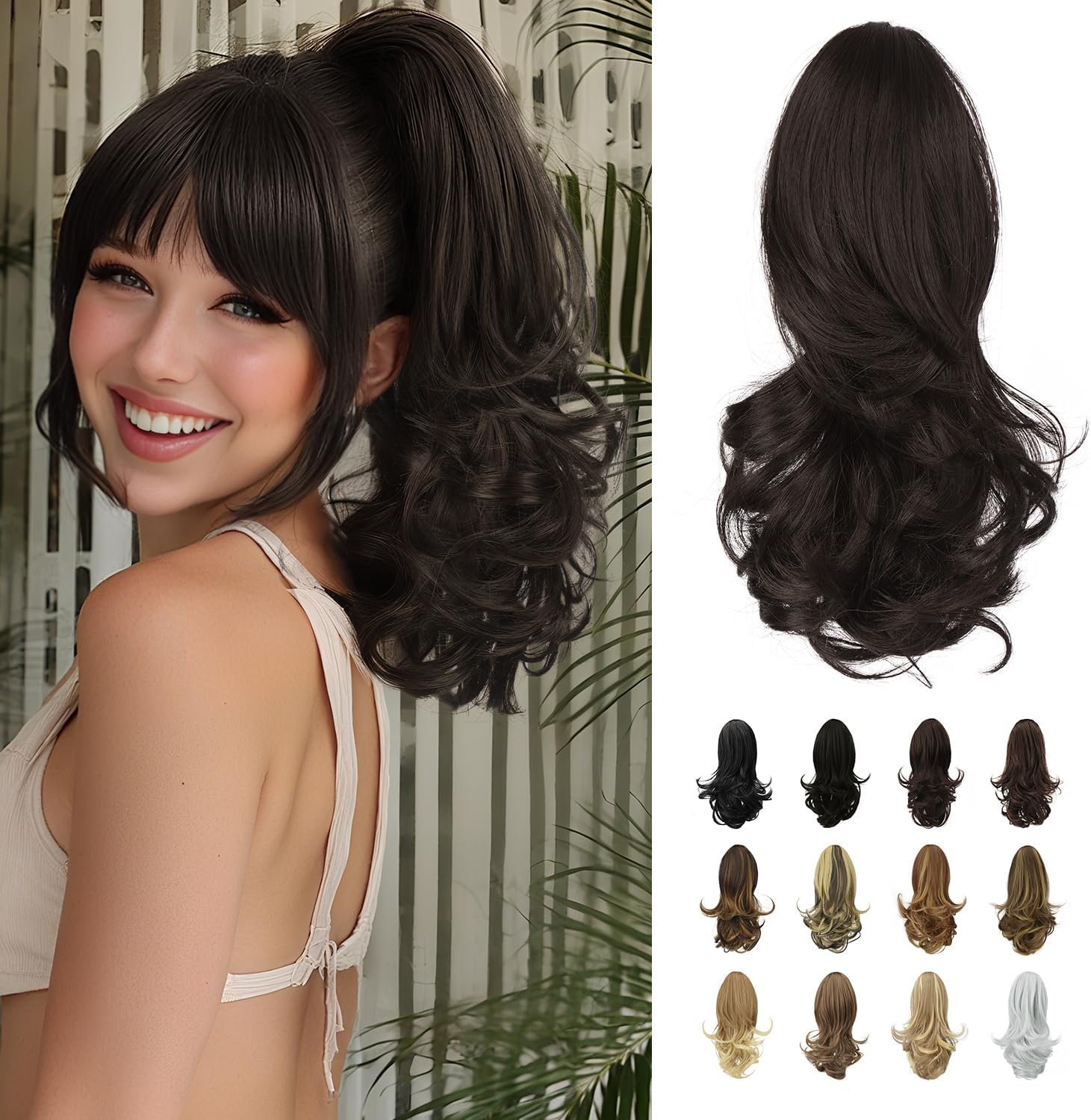 SOFEIYAN 13" Ponytail Extension Long Curly Ponytail Clip in Claw Hair Extension Natural Looking Synthetic Hairpiece for Women, Dark Brown