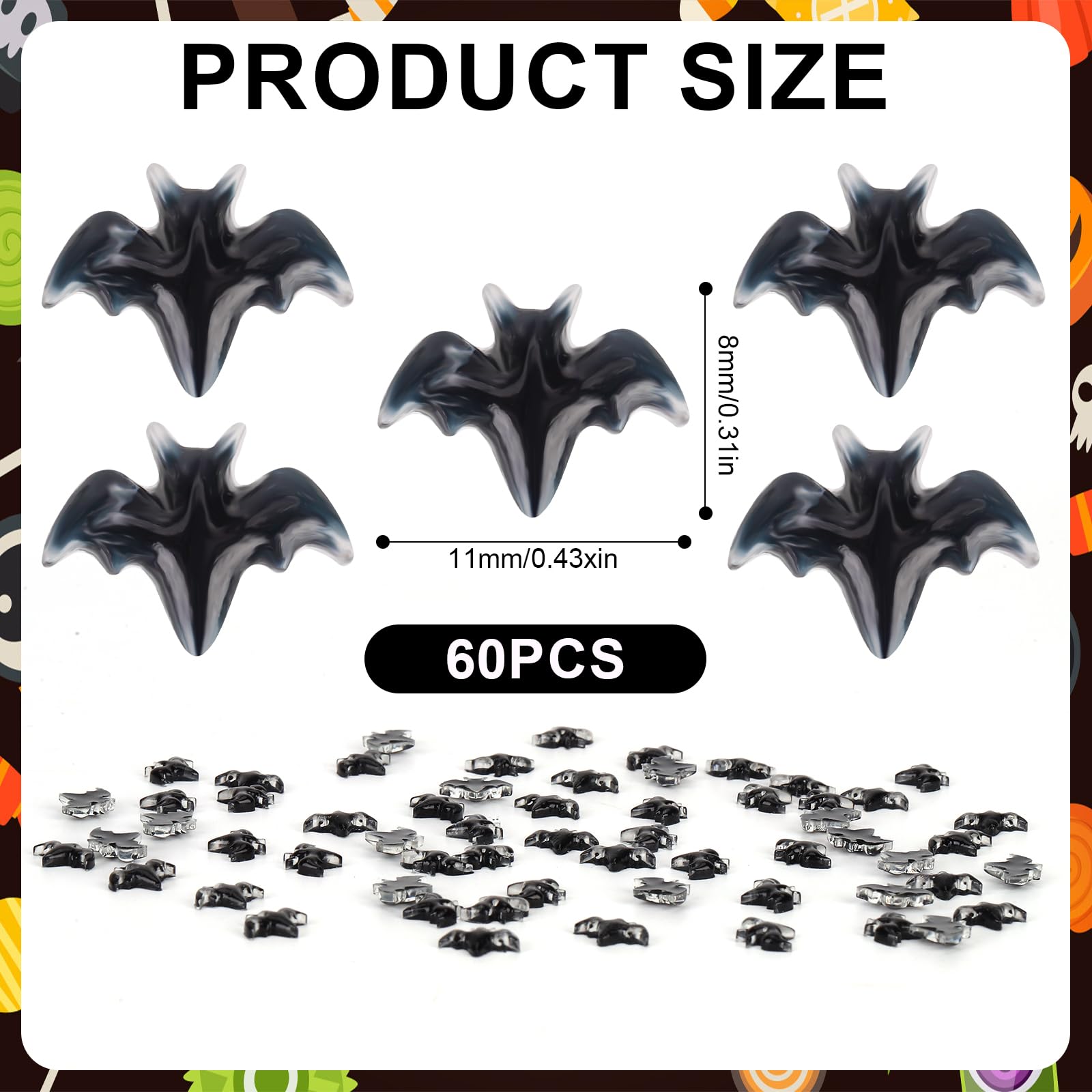 60pcs Halloween Mini Bats, Smooth Washable Resin Halloween Dollhouse Miniatures Dollhouse Miniature Tiny Bats Spooky Themed Cartoon Flat Back Bats for Crafts Scrapbooking (Black)