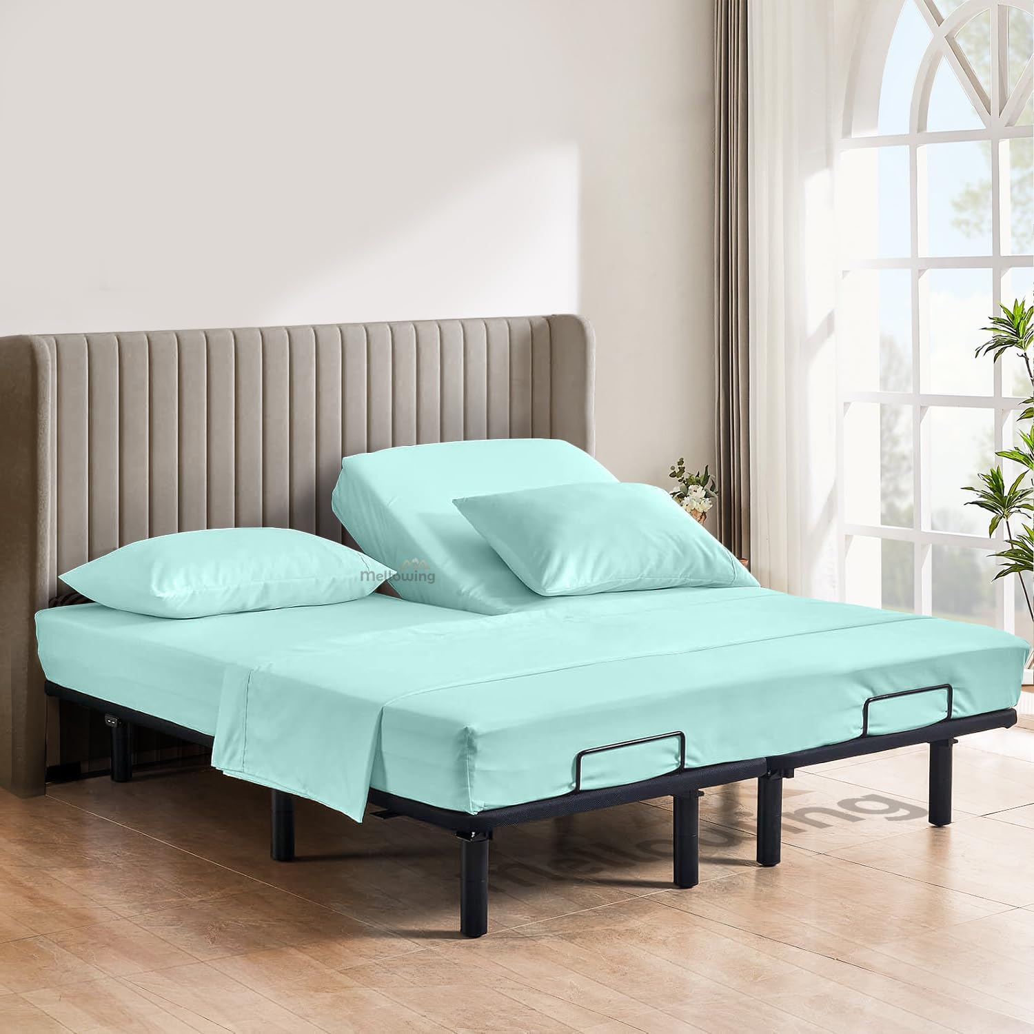 Mellowing Split Head Flex King Sheet Sets for Adjustable Beds-Split Top King Sheets for - 100% Egyptian Cotton 4 Pc Sheet Set (18" Deep, Half Split