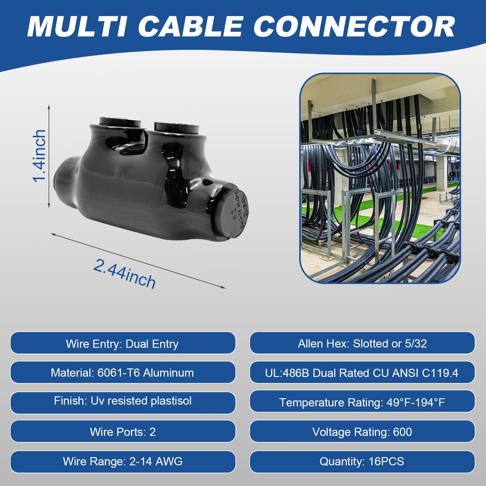 Black Insulated in-Line Splice Alumiconn Connector 2 Set Screws -2 Port Dual Entry -2-14 AWG Wire Range - Slotted or 5/32
