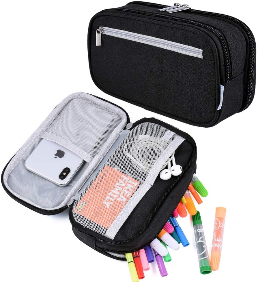 YONZONE Large Capacity Pencil Case Big Storage Pencil Bag Pouch 3 Multifunctional Compartment Pen Marker Cases Holder Portable Office Stationery Organizer Supplies Makeup Bag, Black