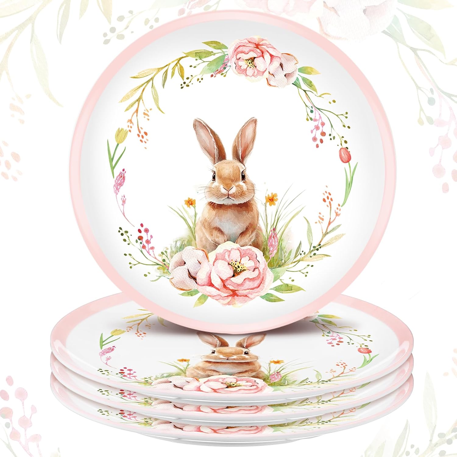 6 Pcs Easter Melamine Plates 8 x 8 Inch Decorative Bunny Plates Reusable Rabbit Tableware for Indoor and Outdoor Spring Easter Party, Perfect for Dessert, Salad, and Dinnerware