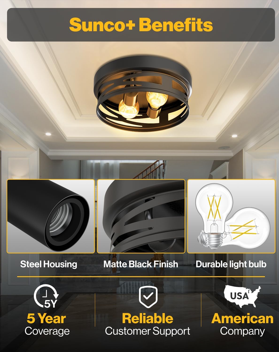 Sunco Flush Mount Ceiling Light, Farmhouse Light Fixtures, Hallway Ceiling Light Arcadia Industrial, 11" Diameter, 800 LM, Dimmable A19 Edison LED Bulbs Included, E26 Base, 8.5W=60W UL/ETL/T20 2 Pack.