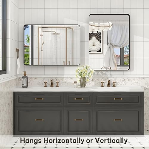 Miniatura 5 de Espejo de baño con marco negro, espejo de tocador de baño negro mate de 24 x 32 pulgadas, espejo de pared rectangular negro, marco de metal,