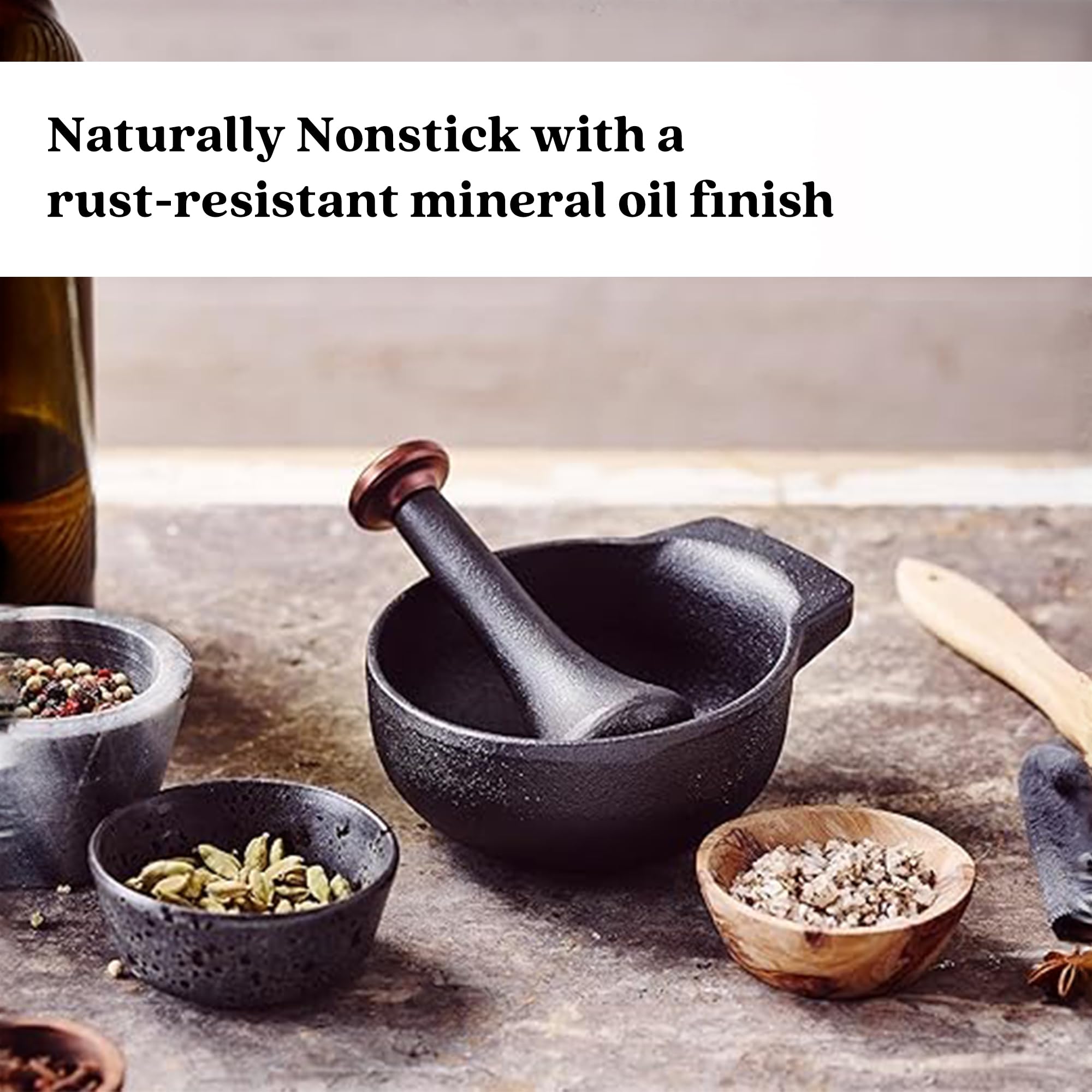 Alva Nori Enameled Cast Iron Mortar & Pestle Set - 2-Cup Heavy Duty Spice Grinder with Textured Interior - Durable Kitchen Tool for Guacamole, Herbs, Pesto, 4" Black Non-Toxic - Image 2