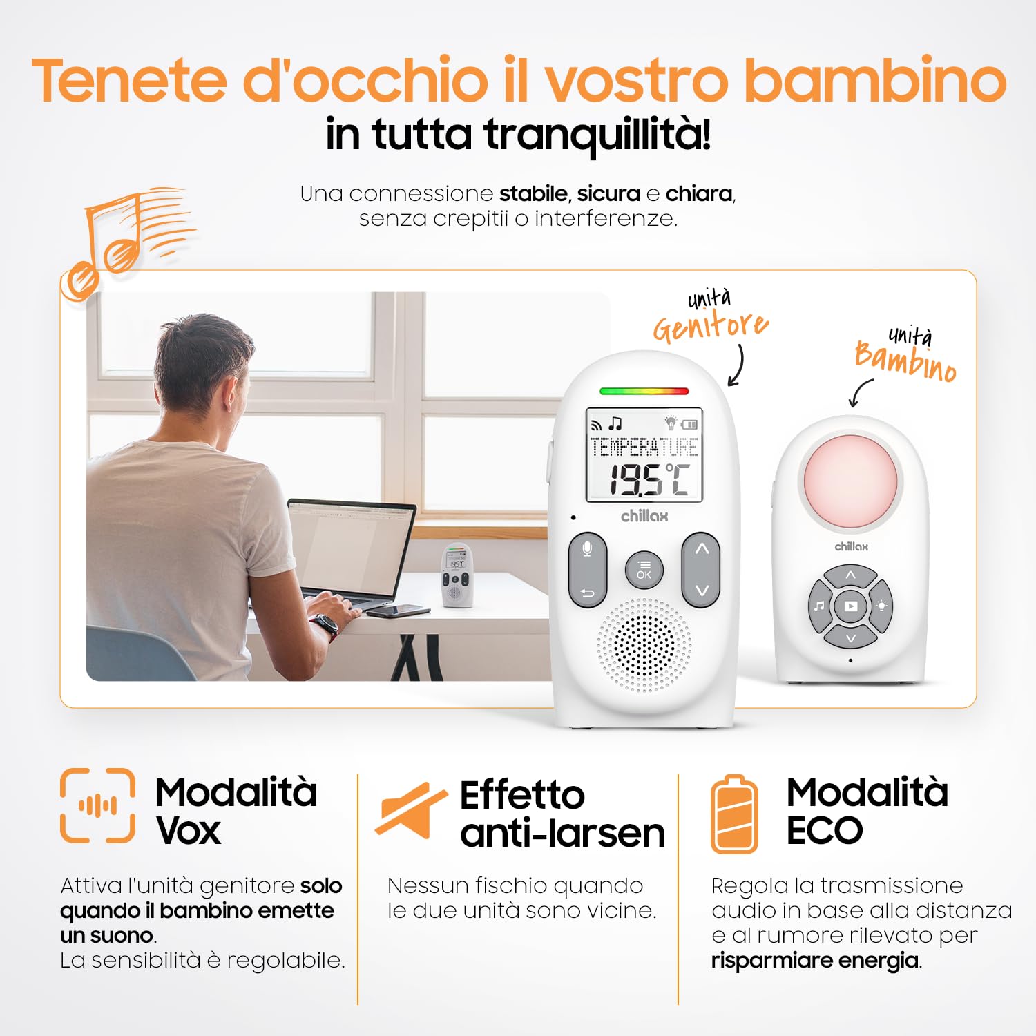 CHILLAX CB260 Baby monitor Audio DECT Schermo LCD VOX Mode Eco Sensore temperatura Portata 340m