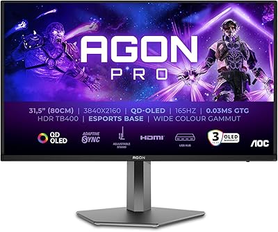 AOC AGON Pro AG326UD- Monitor da gioco OLED UHD da 32 pollici, 165 Hz, 0,03 ms, HDR400, FreeSync Prem. Pro, G-Sync comp. 3840x2160, 2x HDMI 2.1, 1x DP 1.4, Hub USB nero grigio, QD-OLED