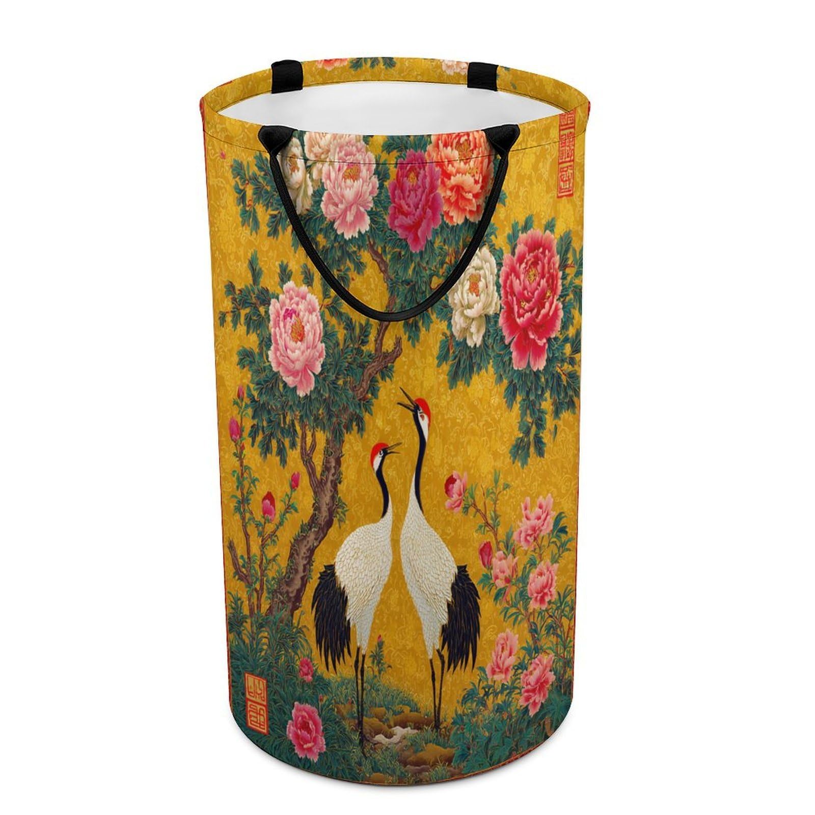 LUYYSKY Beautiful Classic Animals Crane Versatile Storage Laundry Basket, Japanese Watercolor Plants Peony Flowers Animals Crane Pattern Large Capacity Bathroom Hamper With Handle