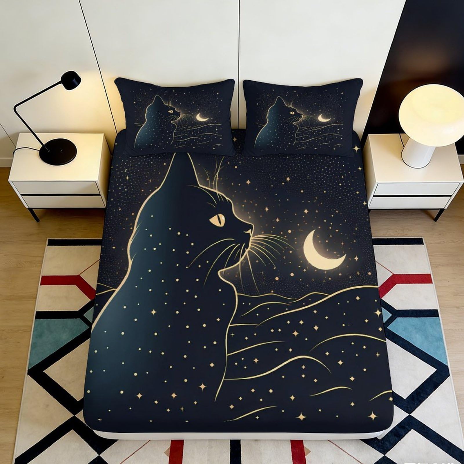 3D Printed Starry Cat Night Fitted Sheet Microfiber Soft Blue Moon Mattress Cover for Bedroom Guest Room Decor 180x200x25cm