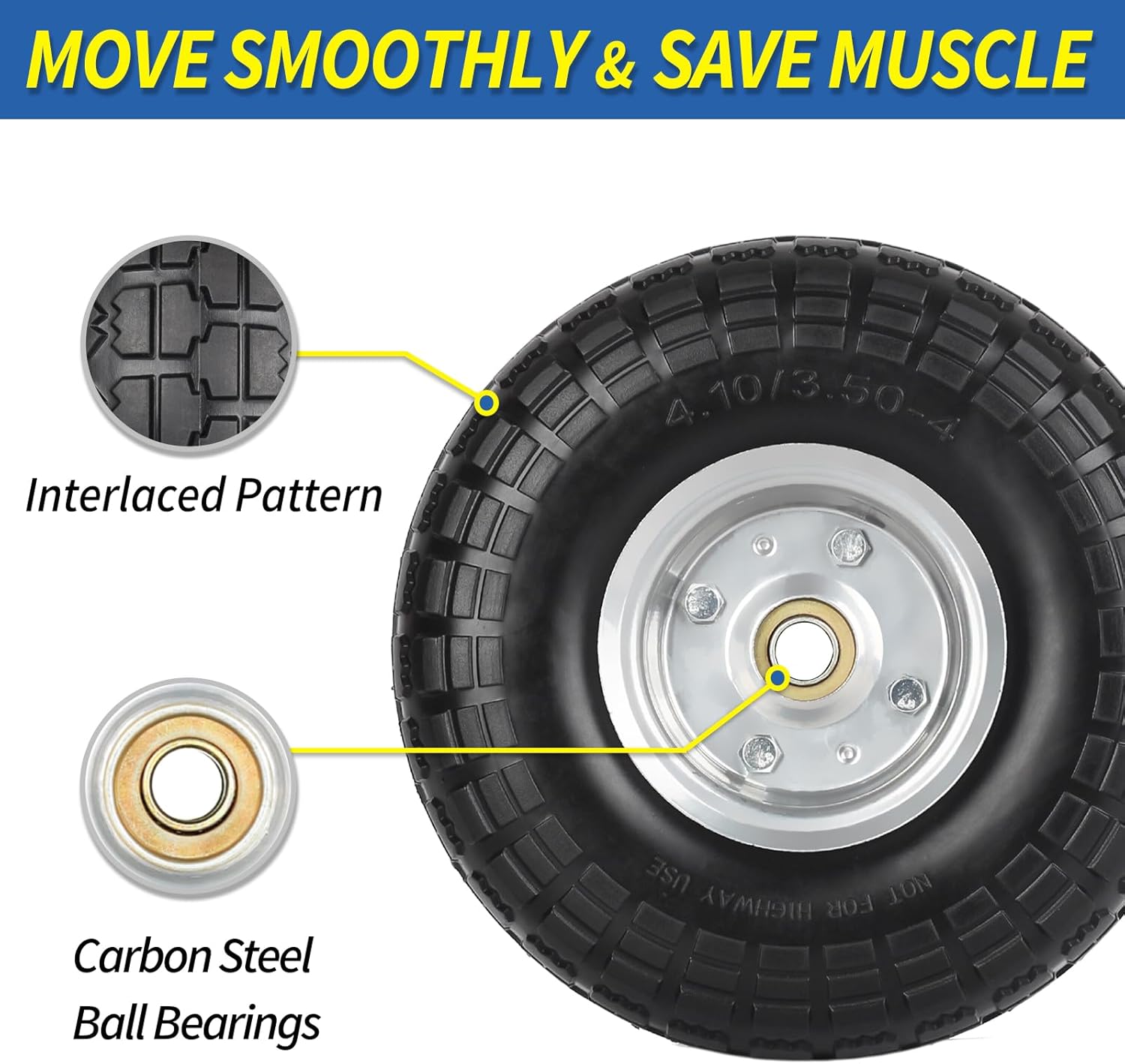 GICOOL 4.10/3.50-4" Flat Free Tire and Wheel, 10" Heavy Duty Solid Tire, 5/8" Axle Bore Hole, 2.2" Offset Hub, for Hand Truck Garden Cart Wagon Trolley Dolly, 2 Pack