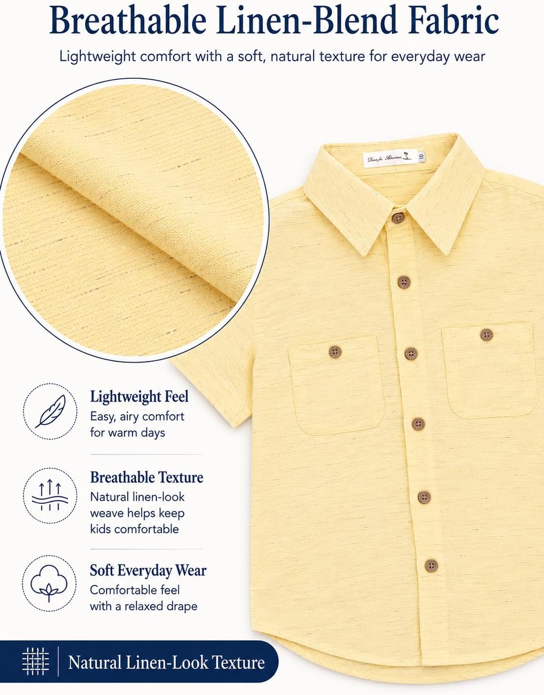 Alix & Belle Boys Linen Blend Button Down Shirt, Short Sleeve Collared Summer Shirt with Chest Pockets