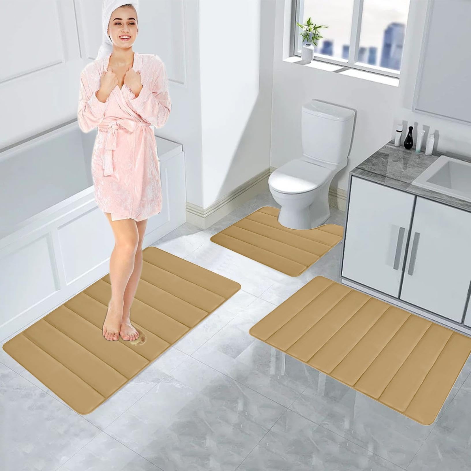 Badezimmermatten-Set aus Memory-Schaum, 3-teilig, Badteppich, WC-Matten, weich und bequem, sehr saugfähig, rutschfest, dick und maschinenwaschbar, schnell trocknende Bodenmatten (Khaki)