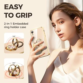 Compatible for iPhone XR Case with 2 Pack Screen Protector, 360° Rotatable Ring Holder [Luxury Hearts Pattern] Plating Gold Edge Slim Soft Phone Cover Case for iPhone XR - Pink